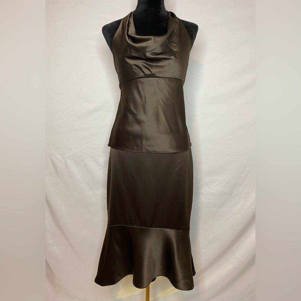 David's Bridal Brown satin halter top & high low skirt set 10 formal homecoming